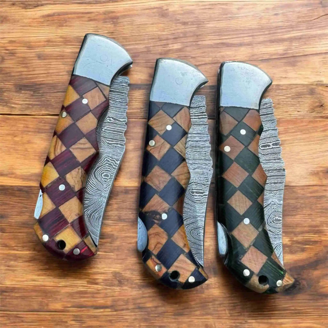 Handmade Damascus Folding Knife – Checker Pattern Wood Handle (Red, Green, Blue) with Leather Sheath handmade Back Lock Folder by JW SteelCrafts