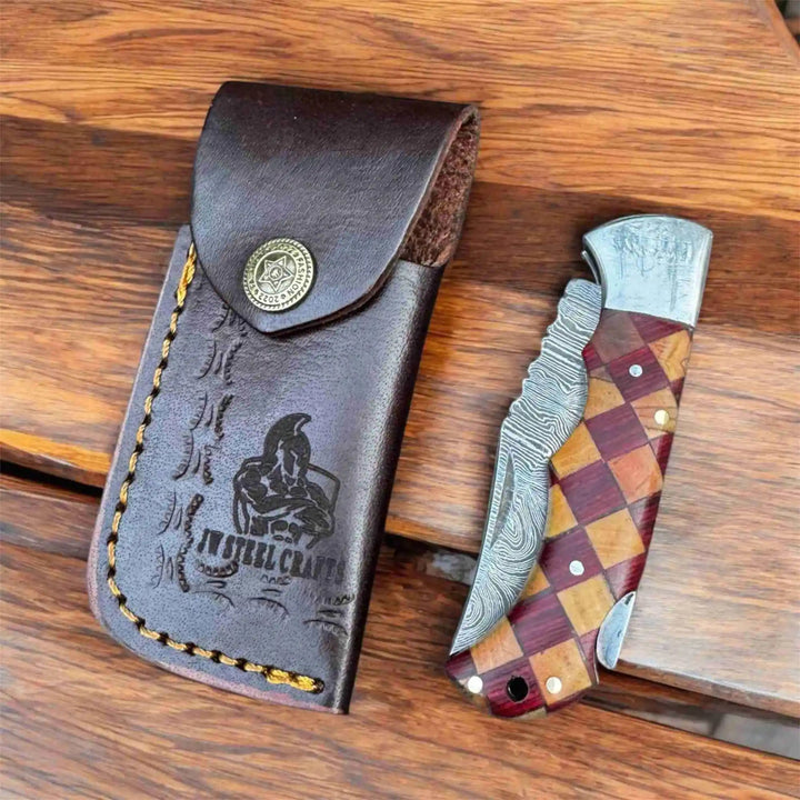 Handmade Damascus Folding Knife – Checker Pattern Wood Handle (Red, Green, Blue) with Leather Sheath handmade Back Lock Folder by JW SteelCrafts