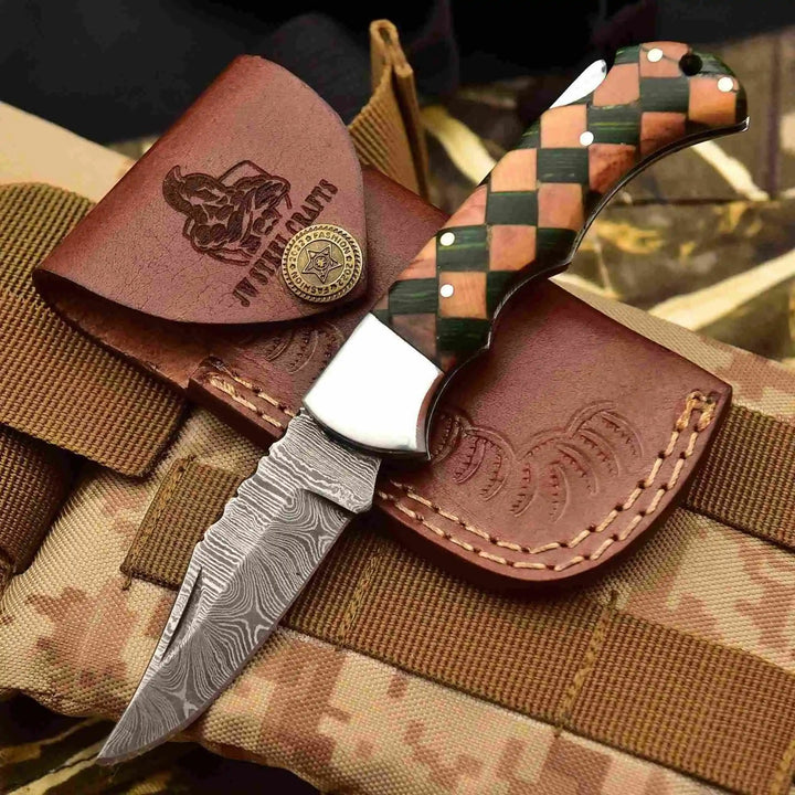 Handmade Damascus Folding Knife – Checker Pattern Wood Handle (Red, Green, Blue) with Leather Sheath handmade Back Lock Folder by JW SteelCrafts