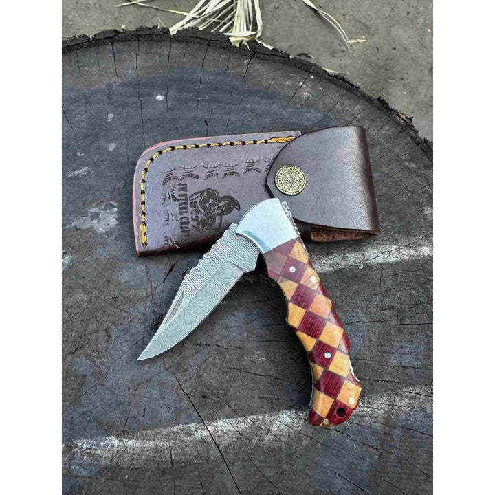Handmade Damascus Folding Knife – Checker Pattern Wood Handle (Red, Green, Blue) with Leather Sheath handmade Back Lock Folder by JW SteelCrafts