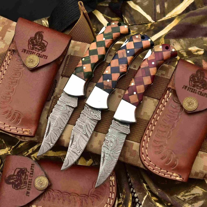 Handmade Damascus Folding Knife – Checker Pattern Wood Handle (Red, Green, Blue) with Leather Sheath handmade Back Lock Folder by JW SteelCrafts