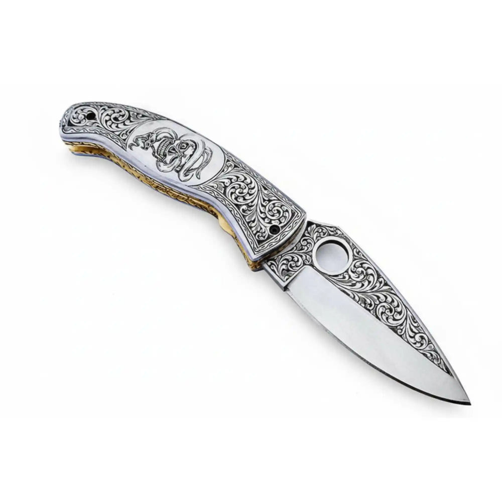 Handmade Damascus Folding Knife, Engraved Bone Handle Pocket Knife, Custom EDC Folder | JW SteelCrafts handmade Liner Lock Folder by JW SteelCrafts