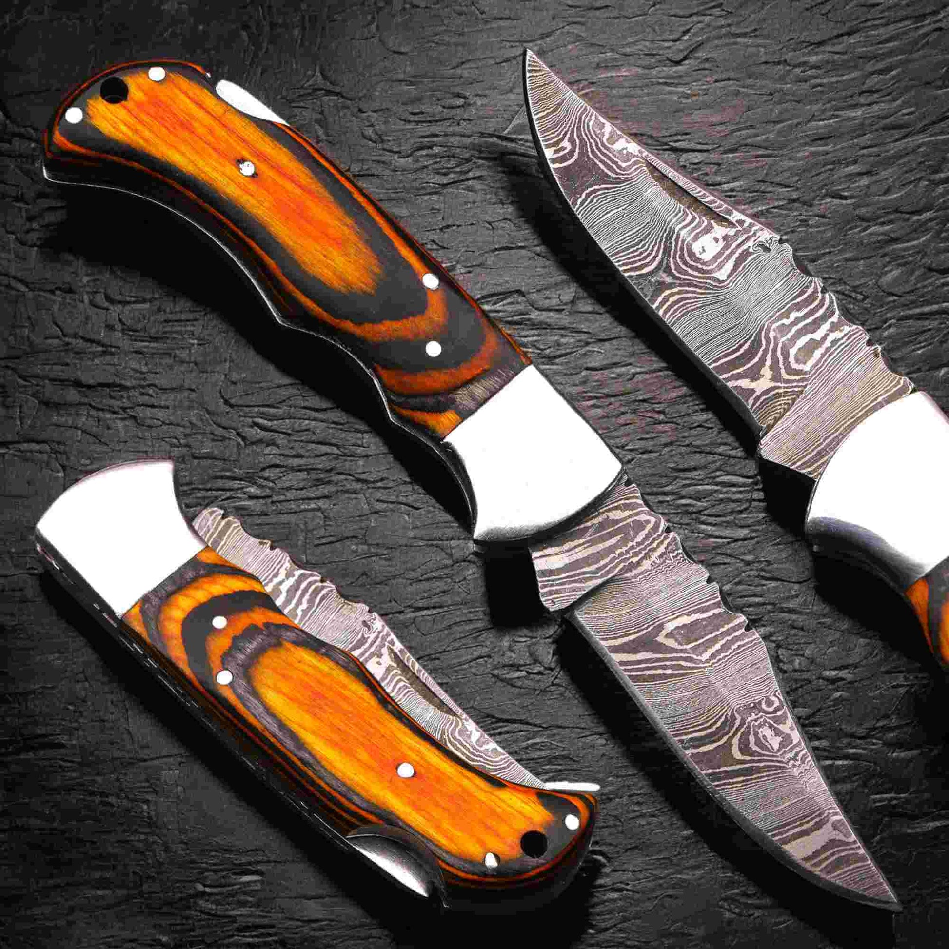 Handmade Damascus Folding Knife – Pakka Wood Handle (4 Color Variations) handmade Folding Knives by JW SteelCrafts
