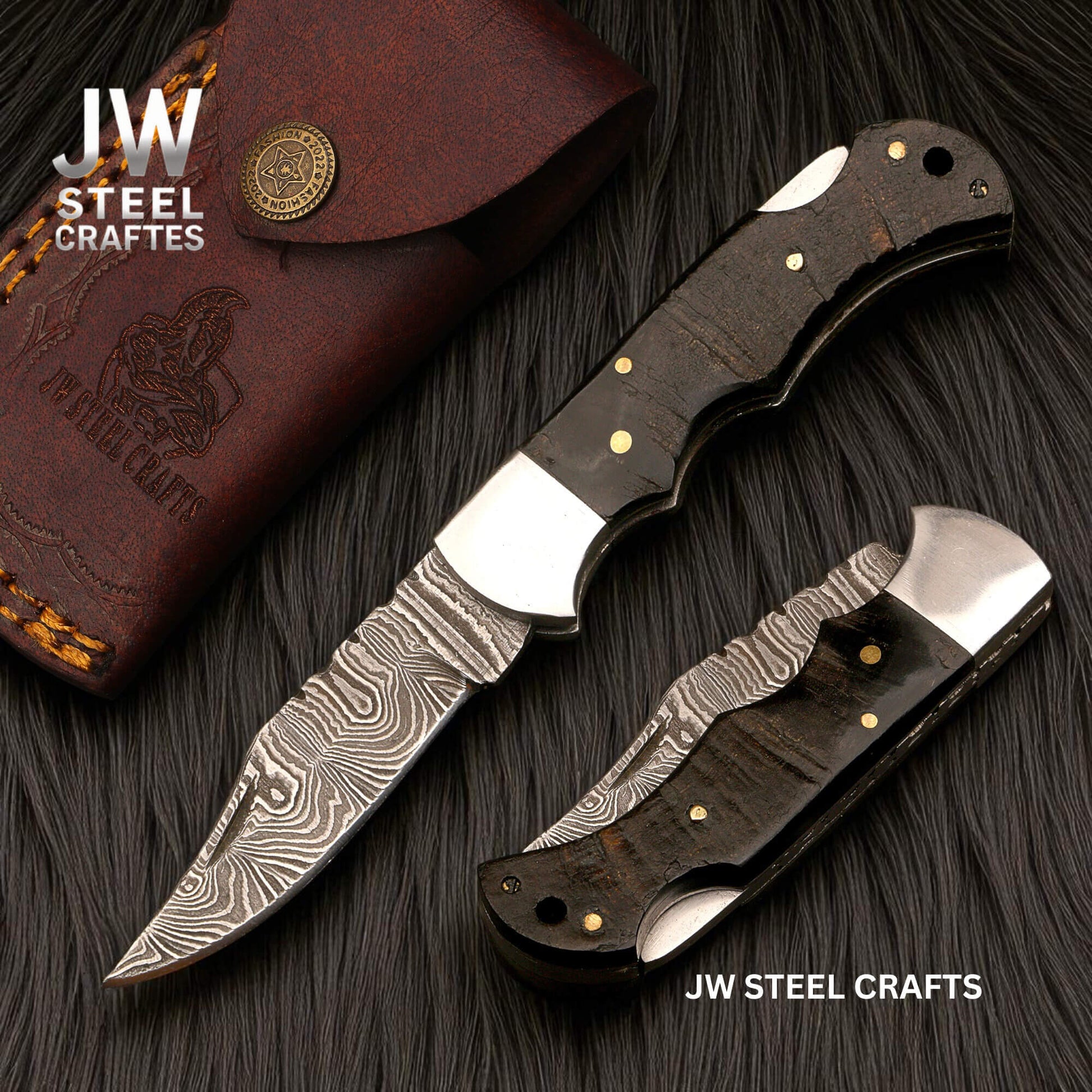Handmade Damascus Folding Knife – Ram Horn or American Flag Handle handmade Folding Knife by JW SteelCrafts