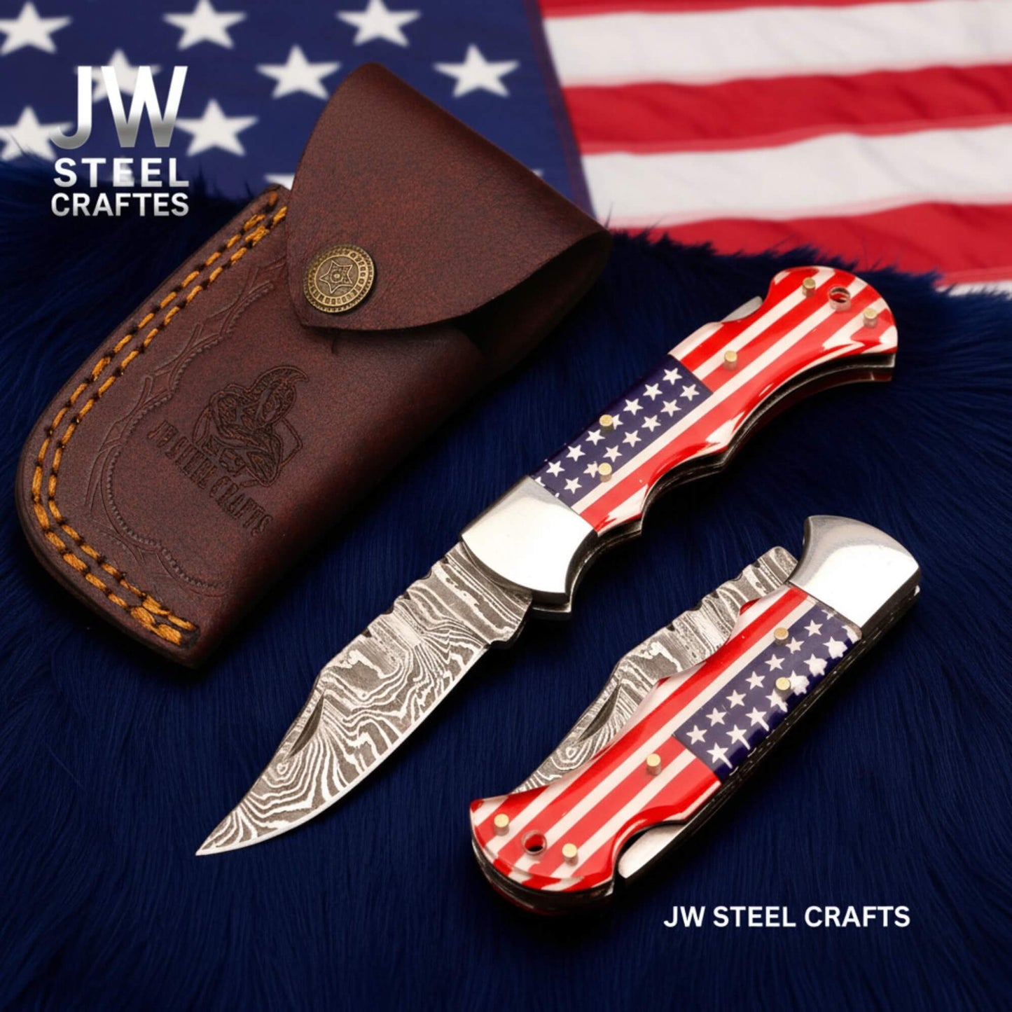 Handmade Damascus Folding Knife – Ram Horn or American Flag Handle handmade Folding Knife by JW SteelCrafts