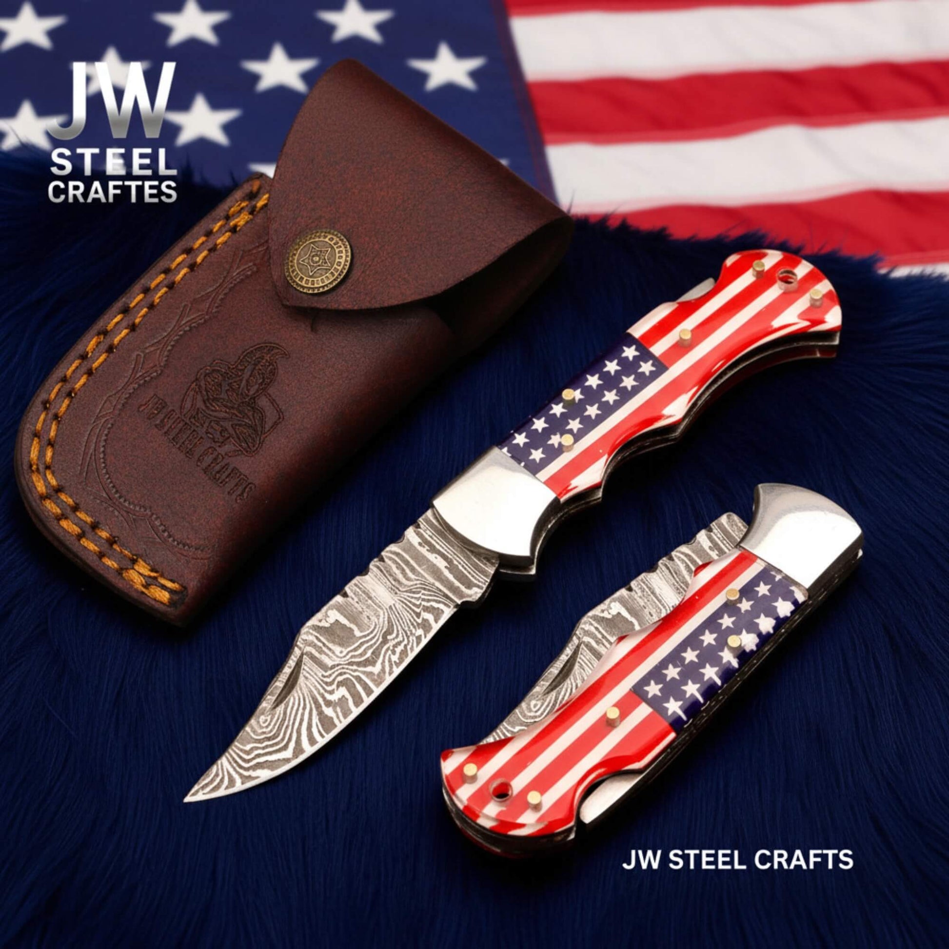 Handmade Damascus Folding Knife – Ram Horn or American Flag Handle handmade Folding Knife by JW SteelCrafts