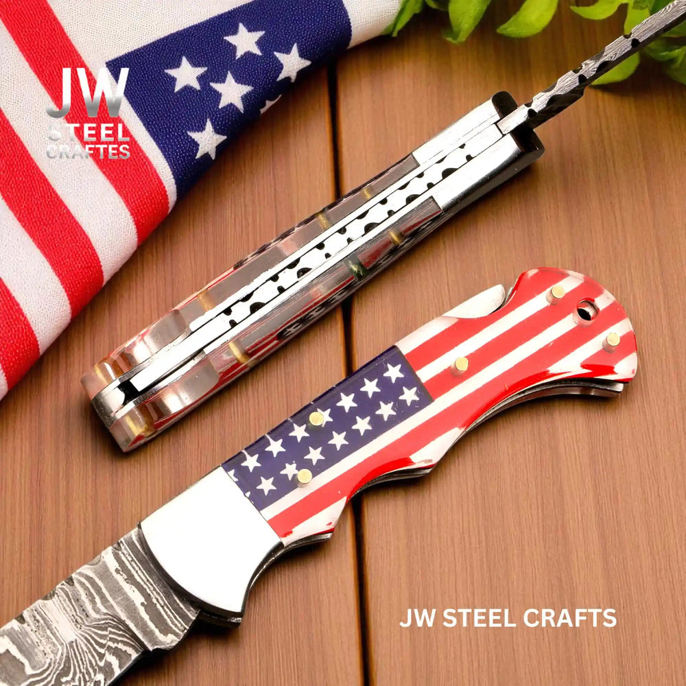 Handmade Damascus Folding Knife – Ram Horn or American Flag Handle handmade Back Lock Folder by JW SteelCrafts