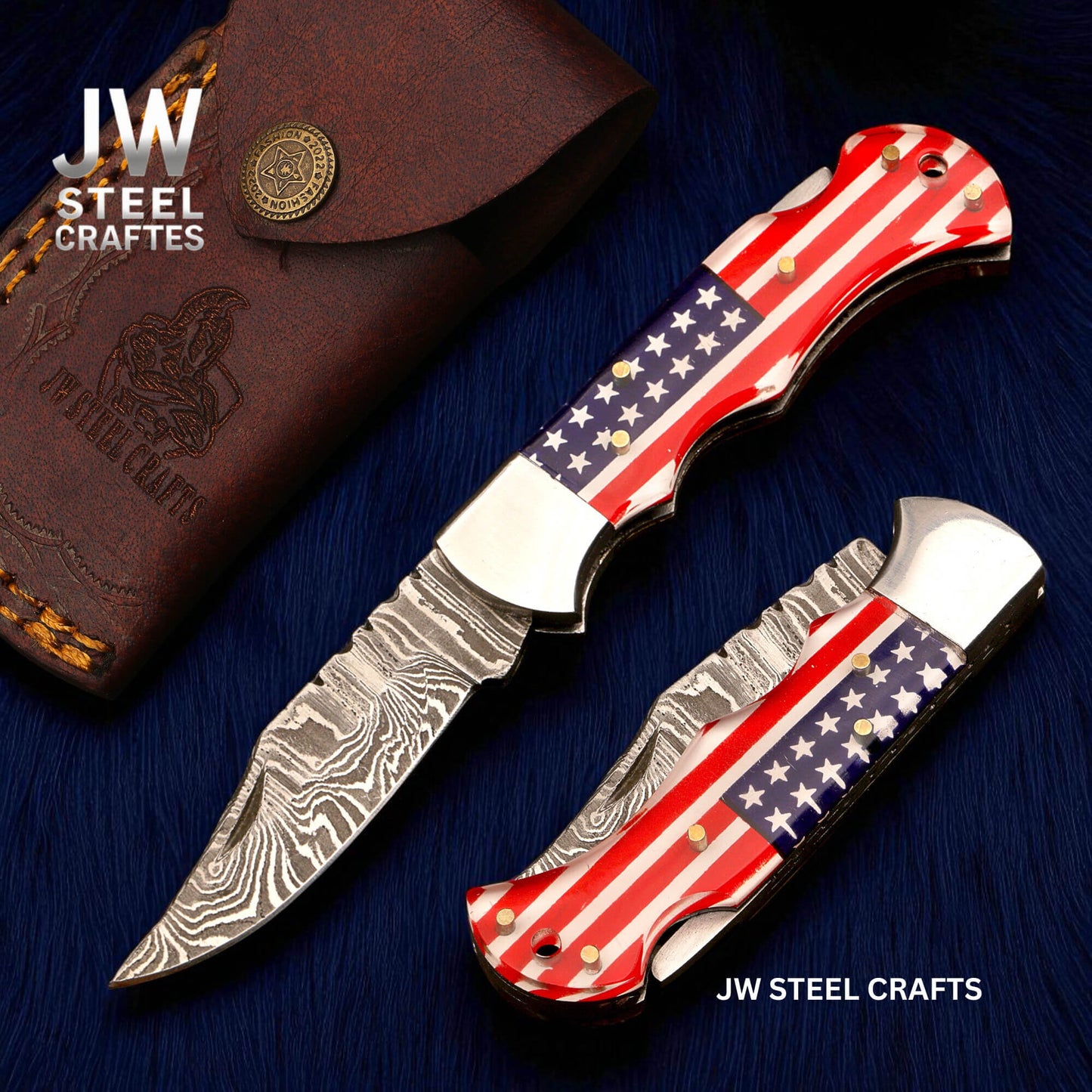 Damascus steel folding fish knife with American flag engraved bone handle and handmade leather sheath by JW SteelCrafts