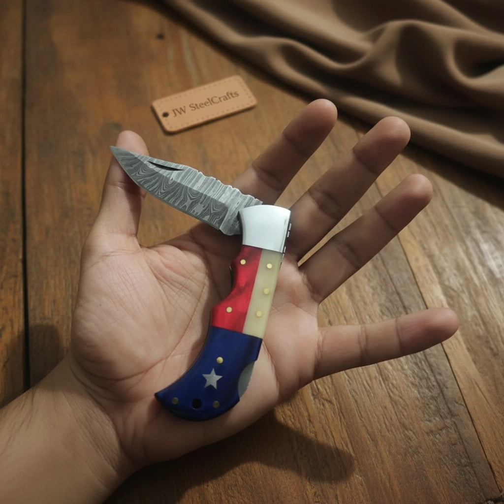 Handmade Damascus Folding Knife – Tricolor Resin Handle (Red, White & Blue) with Leather Sheath handmade Back Lock Folder by JW SteelCrafts