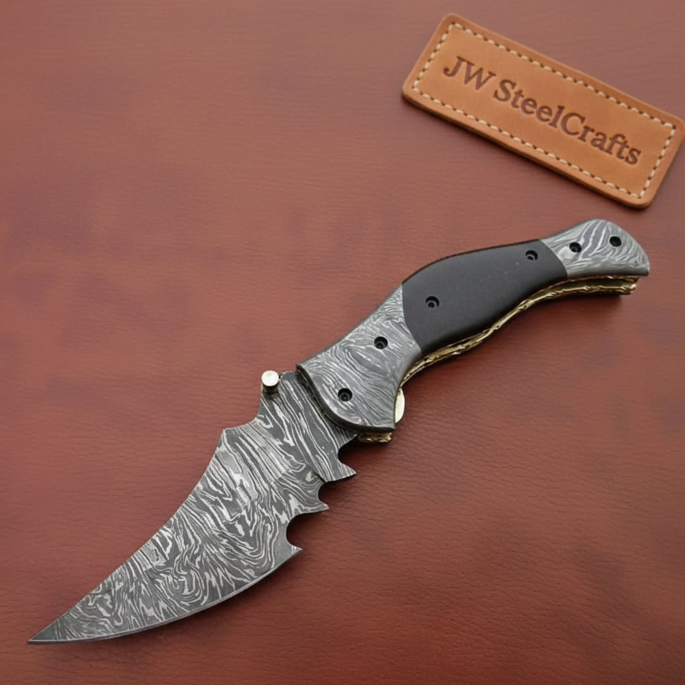 Handmade Damascus Folding Knife with Dark Wood Handle & Spine Jimping – Custom EDC Pocket Knife by JW SteelCrafts handmade Liner Lock Folder by JW SteelCrafts