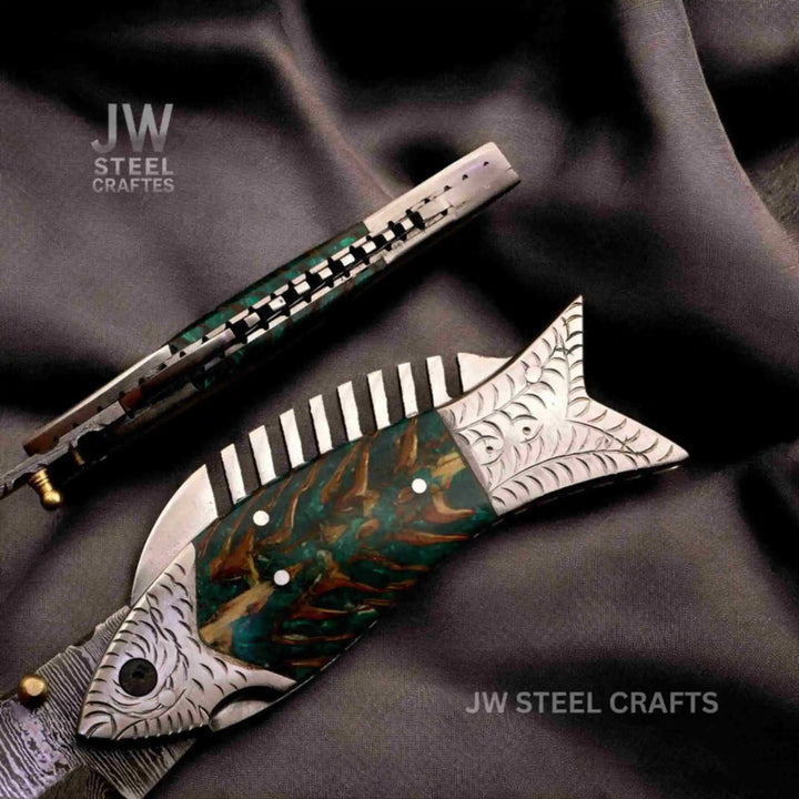 Handmade Damascus Folding Knife with Green Pinecone Resin Handle handmade Liner Lock Folder by JW SteelCrafts