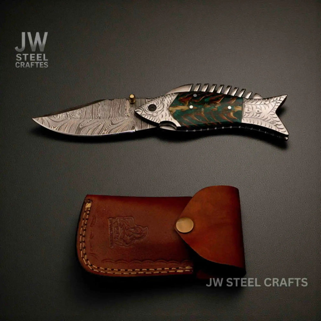Handmade Damascus Folding Knife with Green Pinecone Resin Handle handmade Liner Lock Folder by JW SteelCrafts