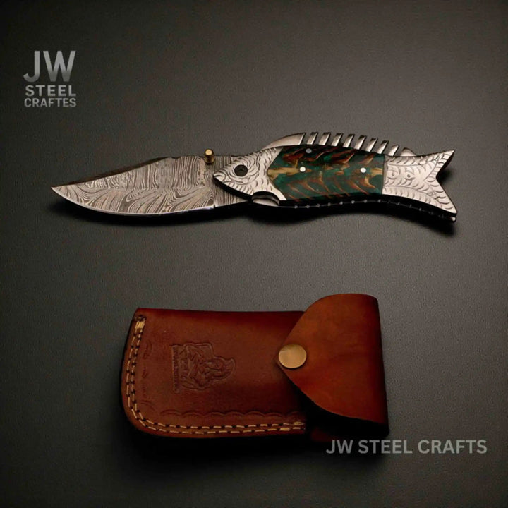 Handmade Damascus Folding Knife with Green Pinecone Resin Handle handmade Liner Lock Folder by JW SteelCrafts