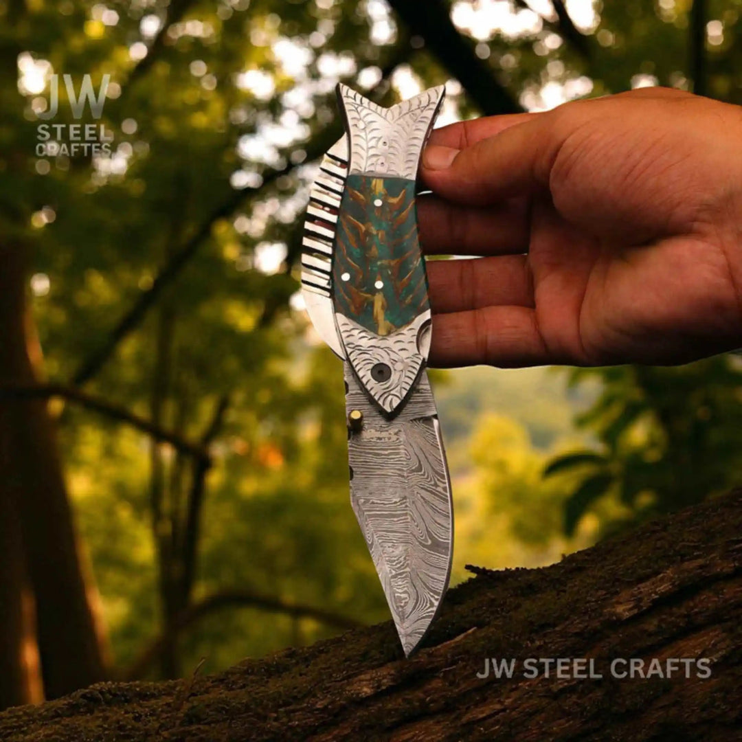 Handmade Damascus Folding Knife with Green Pinecone Resin Handle handmade Liner Lock Folder by JW SteelCrafts