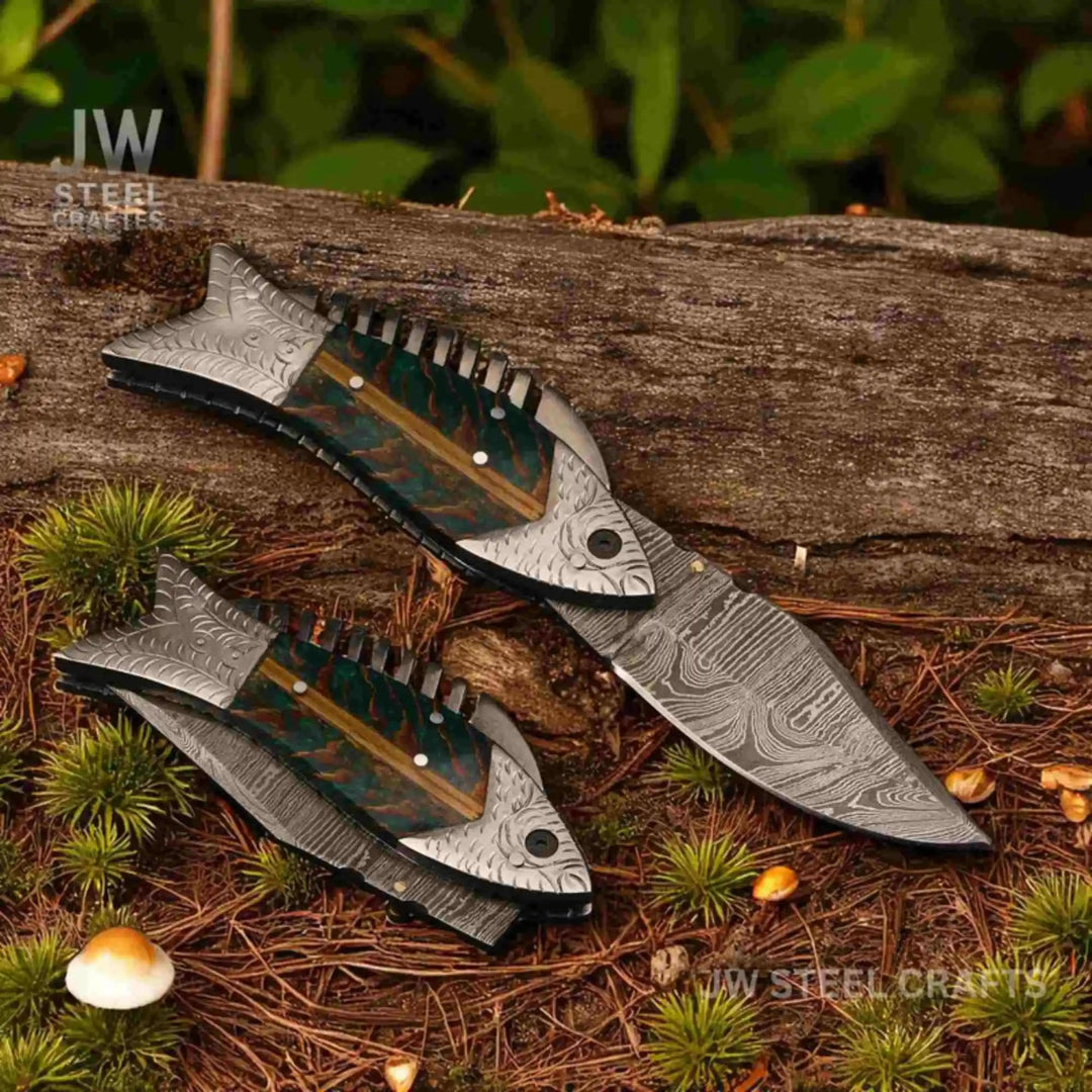 Handmade Damascus Folding Knife with Green Pinecone Resin Handle handmade Liner Lock Folder by JW SteelCrafts