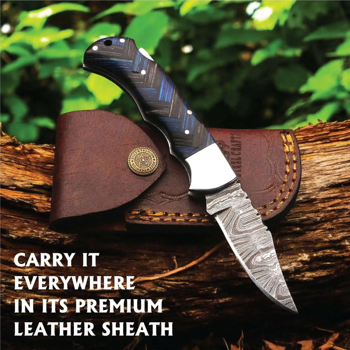Handmade Damascus Folding Knife with Pakka Wood Handle &amp; Leather Sheath handmade Back Lock Folder by JW SteelCrafts