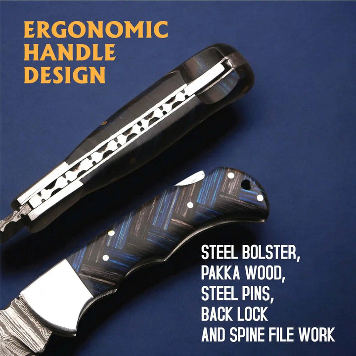 Handmade Damascus Folding Knife with Pakka Wood Handle &amp; Leather Sheath handmade Back Lock Folder by JW SteelCrafts