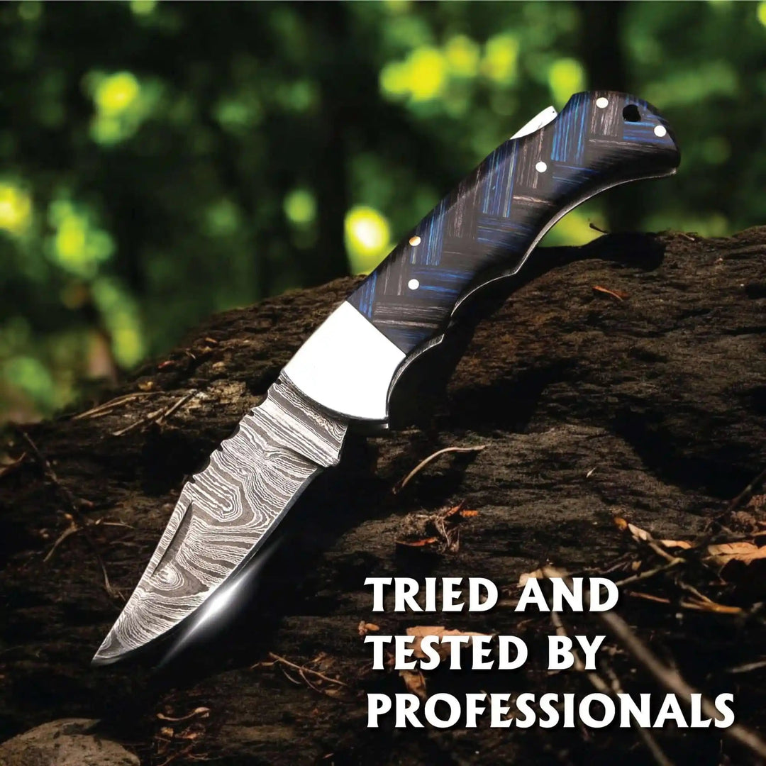 Handmade Damascus Folding Knife with Pakka Wood Handle &amp; Leather Sheath handmade Back Lock Folder by JW SteelCrafts