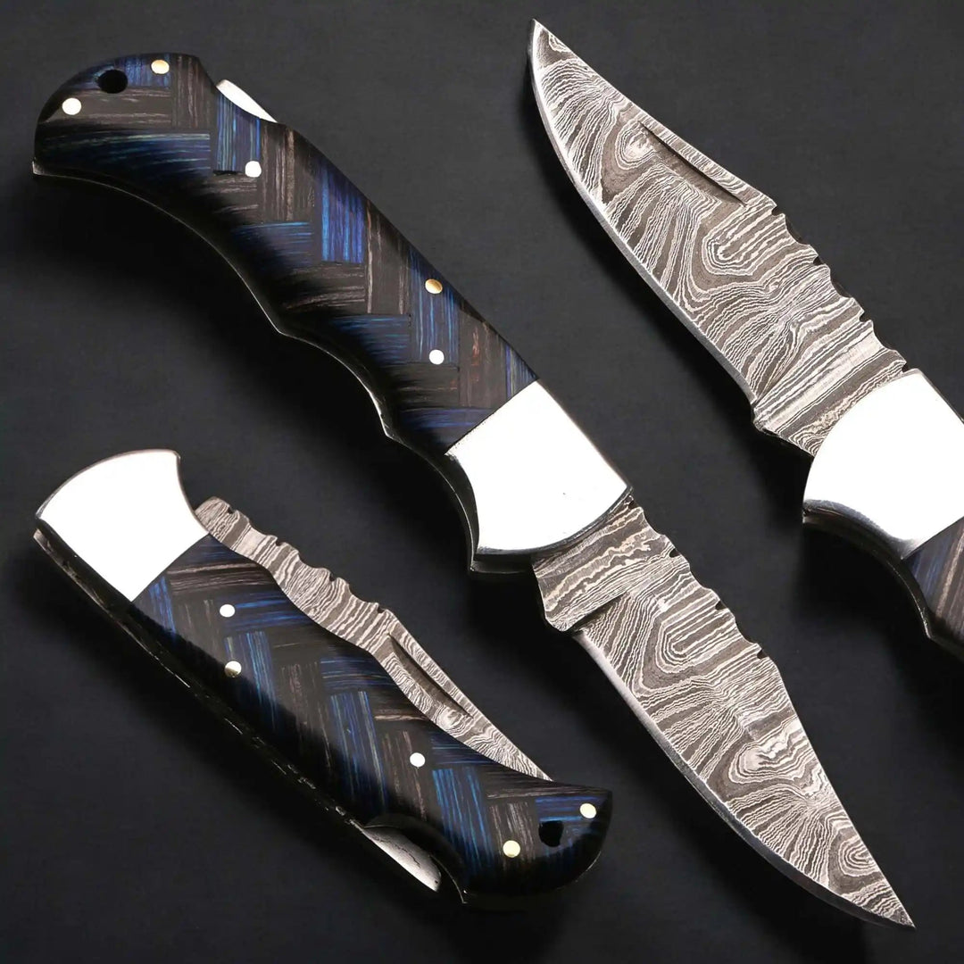 Handmade Damascus Folding Knife with Pakka Wood Handle &amp; Leather Sheath handmade Back Lock Folder by JW SteelCrafts
