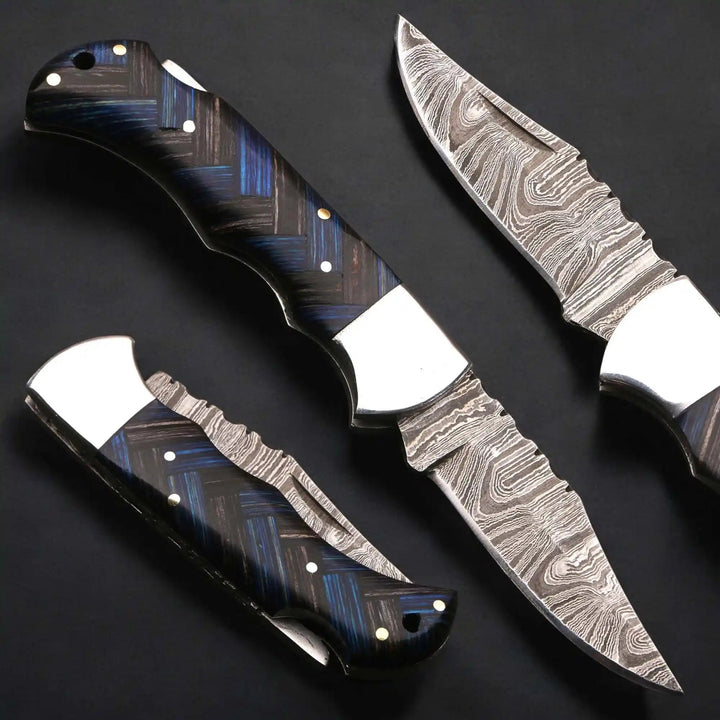 Handmade Damascus Folding Knife with Pakka Wood Handle &amp; Leather Sheath handmade Back Lock Folder by JW SteelCrafts