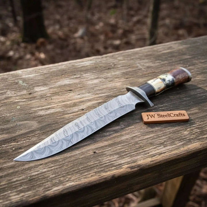Handmade Damascus Frontier Bowie Knife, Coffin Style Stacked and Wood Handle, Nickel Silver Guard, Clip Point, JW SteelCrafts handmade Coffin Handle Bowie Knives by JW SteelCrafts