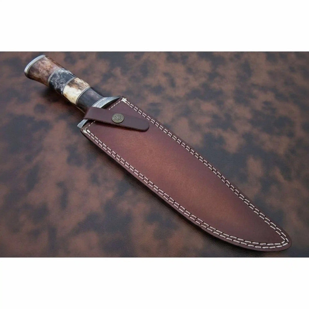 Handmade Damascus Frontier Bowie Knife, Coffin Style Stacked and Wood Handle, Nickel Silver Guard, Clip Point, JW SteelCrafts handmade Coffin Handle Bowie Knives by JW SteelCrafts
