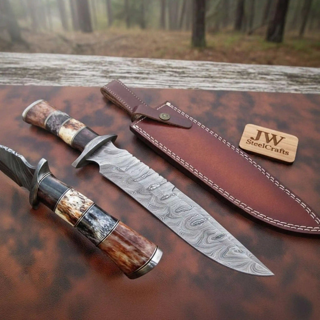 Handmade Damascus Frontier Bowie Knife, Coffin Style Stacked and Wood Handle, Nickel Silver Guard, Clip Point, JW SteelCrafts handmade Coffin Handle Bowie Knives by JW SteelCrafts