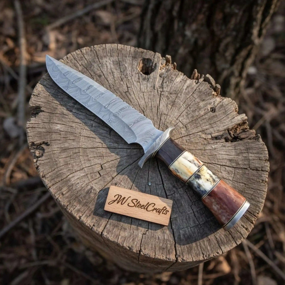 Handmade Damascus Frontier Bowie Knife, Coffin Style Stacked and Wood Handle, Nickel Silver Guard, Clip Point, JW SteelCrafts handmade Coffin Handle Bowie Knives by JW SteelCrafts