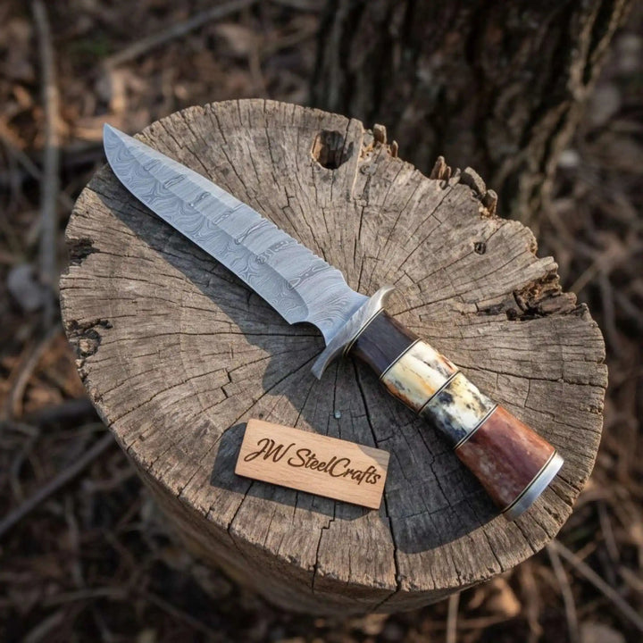 Handmade Damascus Frontier Bowie Knife, Coffin Style Stacked and Wood Handle, Nickel Silver Guard, Clip Point, JW SteelCrafts handmade Coffin Handle Bowie Knives by JW SteelCrafts