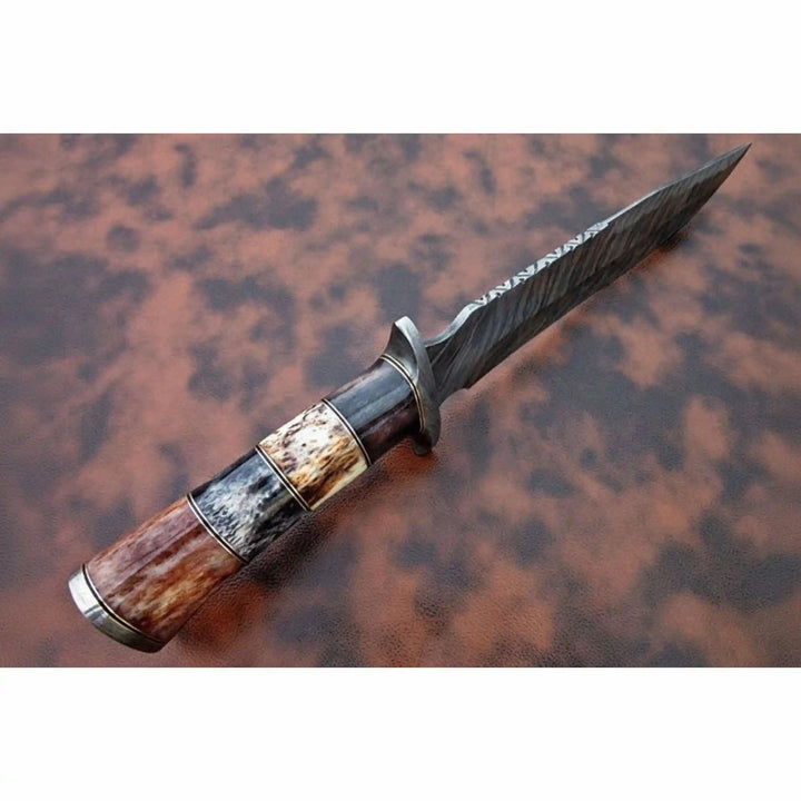 Handmade Damascus Frontier Bowie Knife, Coffin Style Stacked and Wood Handle, Nickel Silver Guard, Clip Point, JW SteelCrafts handmade Coffin Handle Bowie Knives by JW SteelCrafts