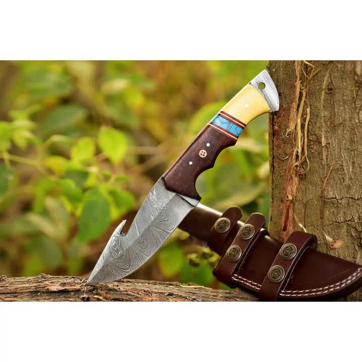 Handmade Damascus Gut Hook Hunting Knife Bone and Rosewood Handle with Leather Sheath handmade Handmade Gut Hook Knives by JW SteelCrafts