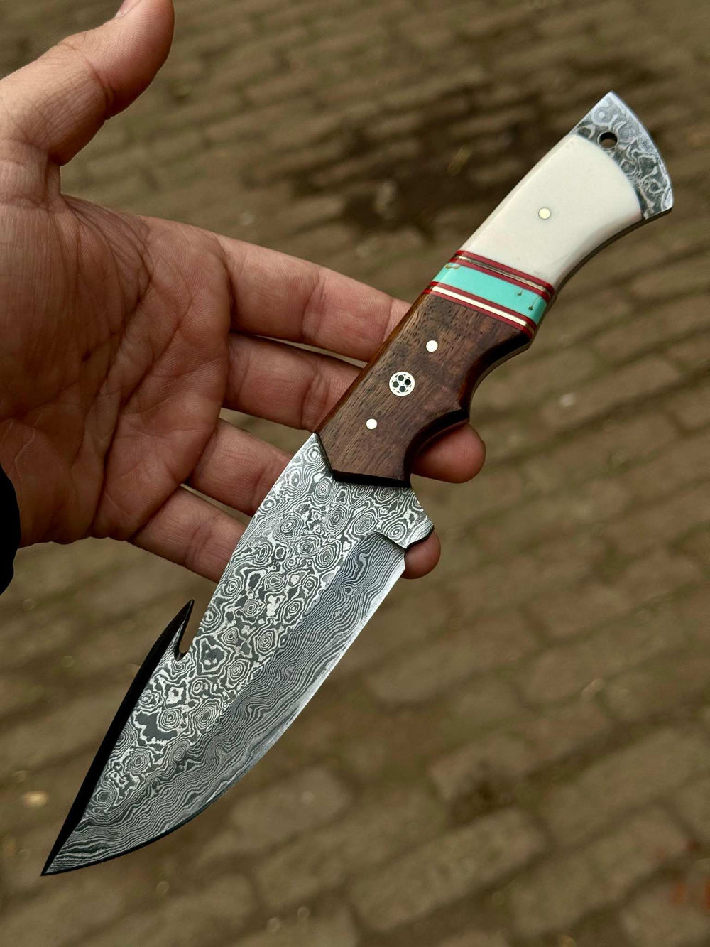 Handcrafted Damascus Steel Outdoor Knife | Turquoise, Bone & Wood Handle | JW SteelCrafts handmade Gut Hook Skinner Knife by JW SteelCrafts