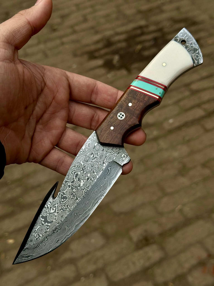 Handcrafted Damascus Steel Outdoor Knife | Turquoise, Bone &amp; Wood Handle | JW SteelCrafts handmade Gut Hook Skinner Knife by JW SteelCrafts
