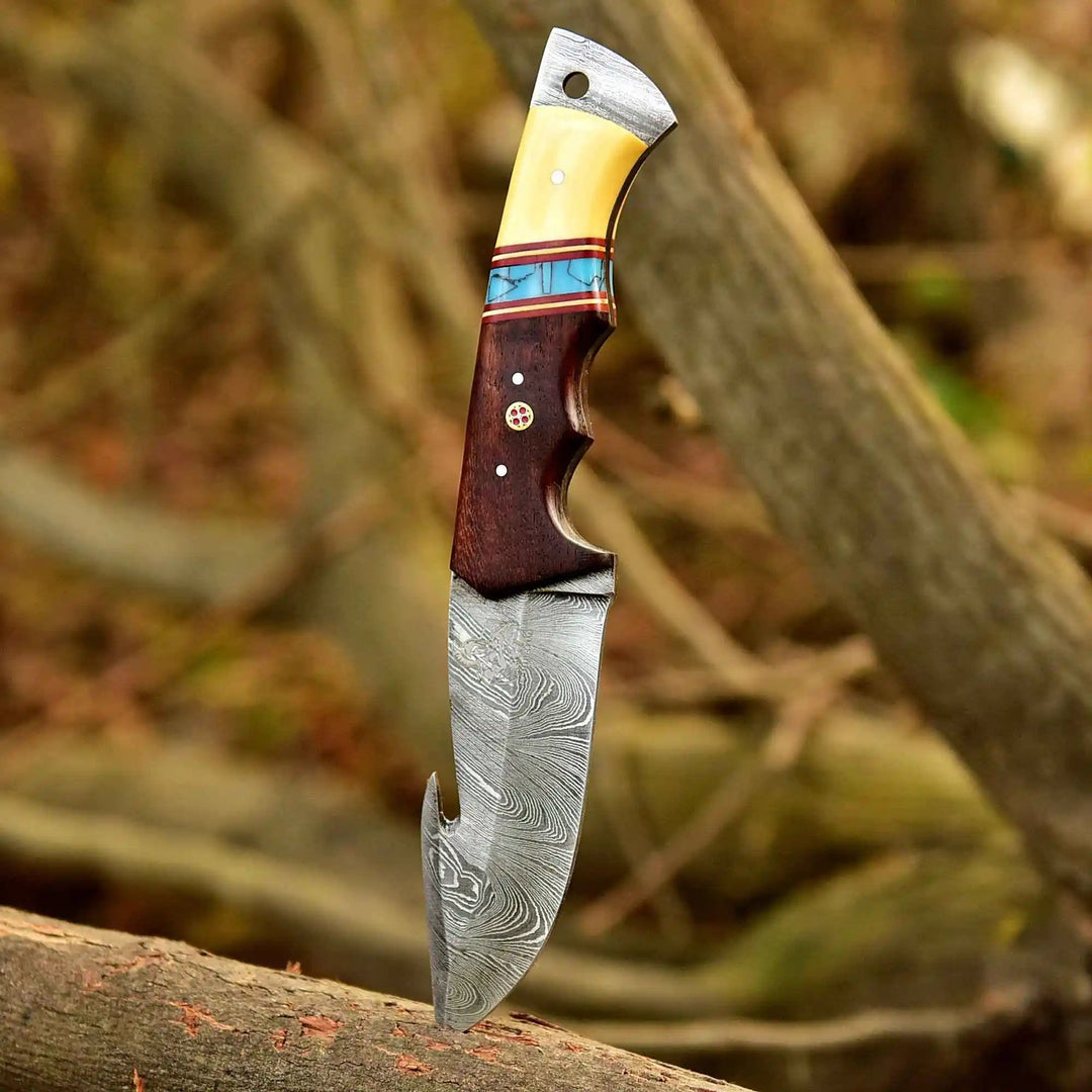 Handmade Damascus Gut Hook Hunting Knife Bone and Rosewood Handle with Leather Sheath handmade Handmade Gut Hook Knives by JW SteelCrafts