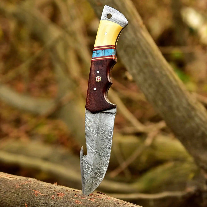 Handmade Damascus Gut Hook Hunting Knife Bone and Rosewood Handle with Leather Sheath handmade Handmade Gut Hook Knives by JW SteelCrafts