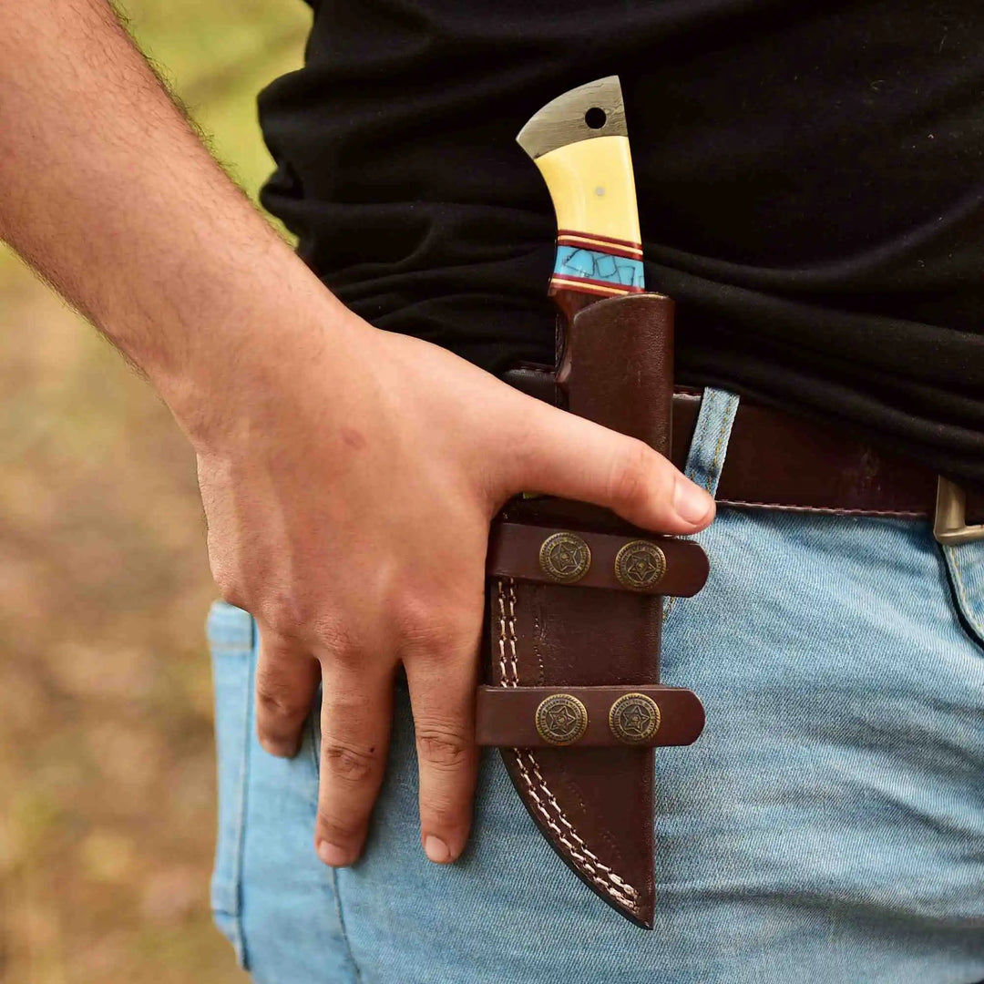 Handmade Damascus Gut Hook Hunting Knife Bone and Rosewood Handle with Leather Sheath handmade Handmade Gut Hook Knives by JW SteelCrafts