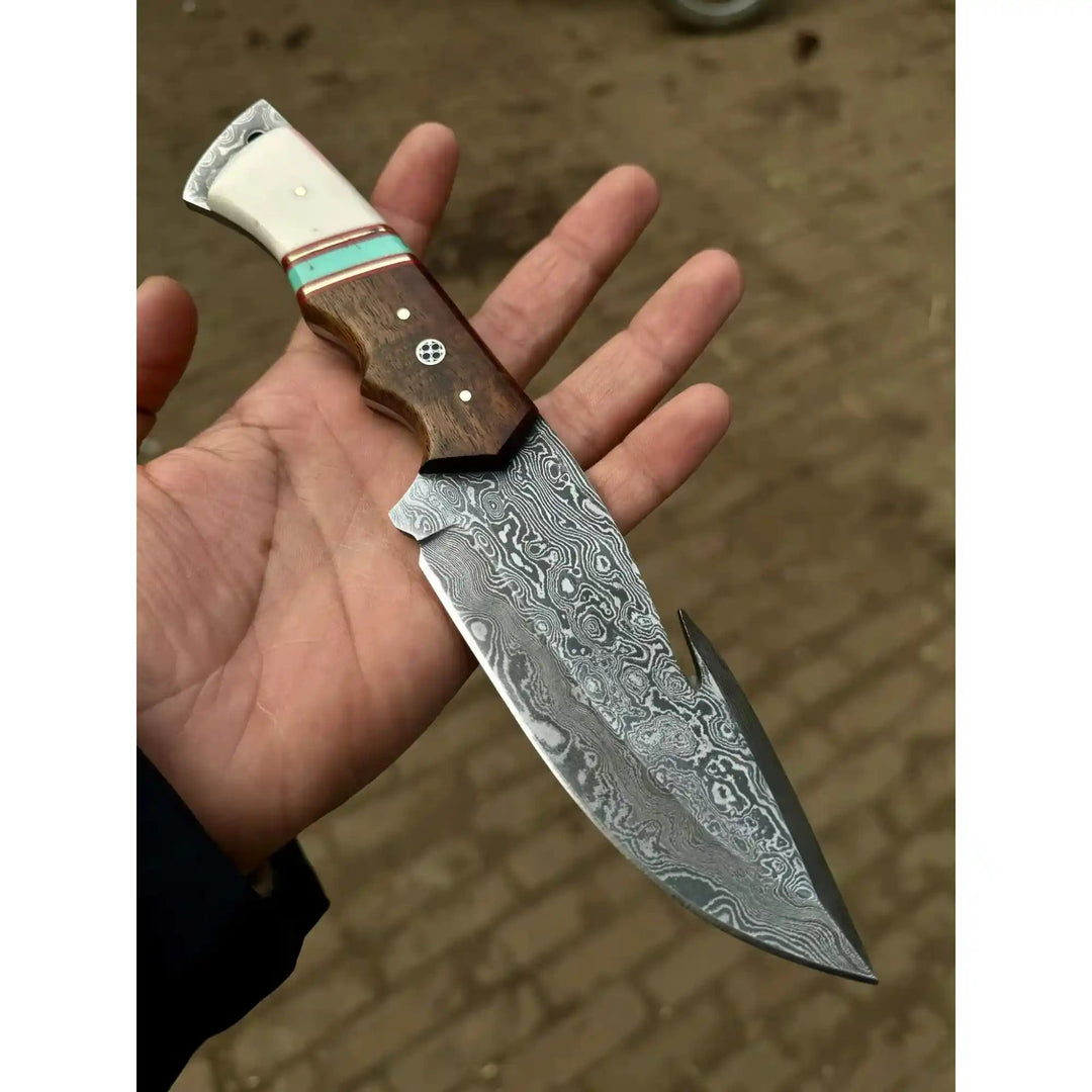 Handmade Damascus Gut Hook Hunting Knife Bone and Rosewood Handle with Leather Sheath handmade Handmade Gut Hook Knives by JW SteelCrafts