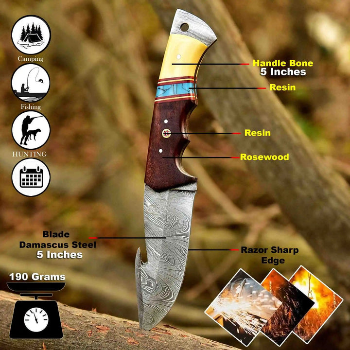Handmade Damascus Gut Hook Hunting Knife Bone and Rosewood Handle with Leather Sheath handmade Handmade Gut Hook Knives by JW SteelCrafts