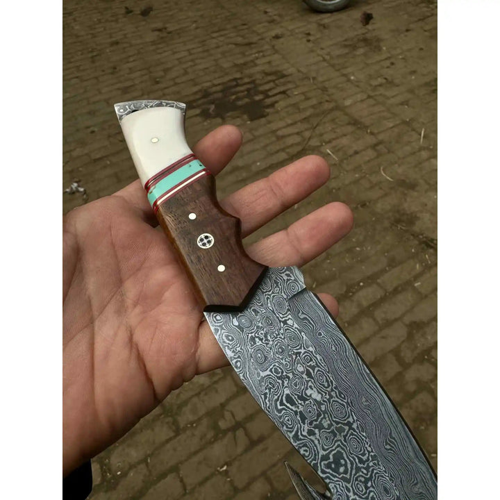 Handmade Damascus Gut Hook Hunting Knife Bone and Rosewood Handle with Leather Sheath handmade Handmade Gut Hook Knives by JW SteelCrafts