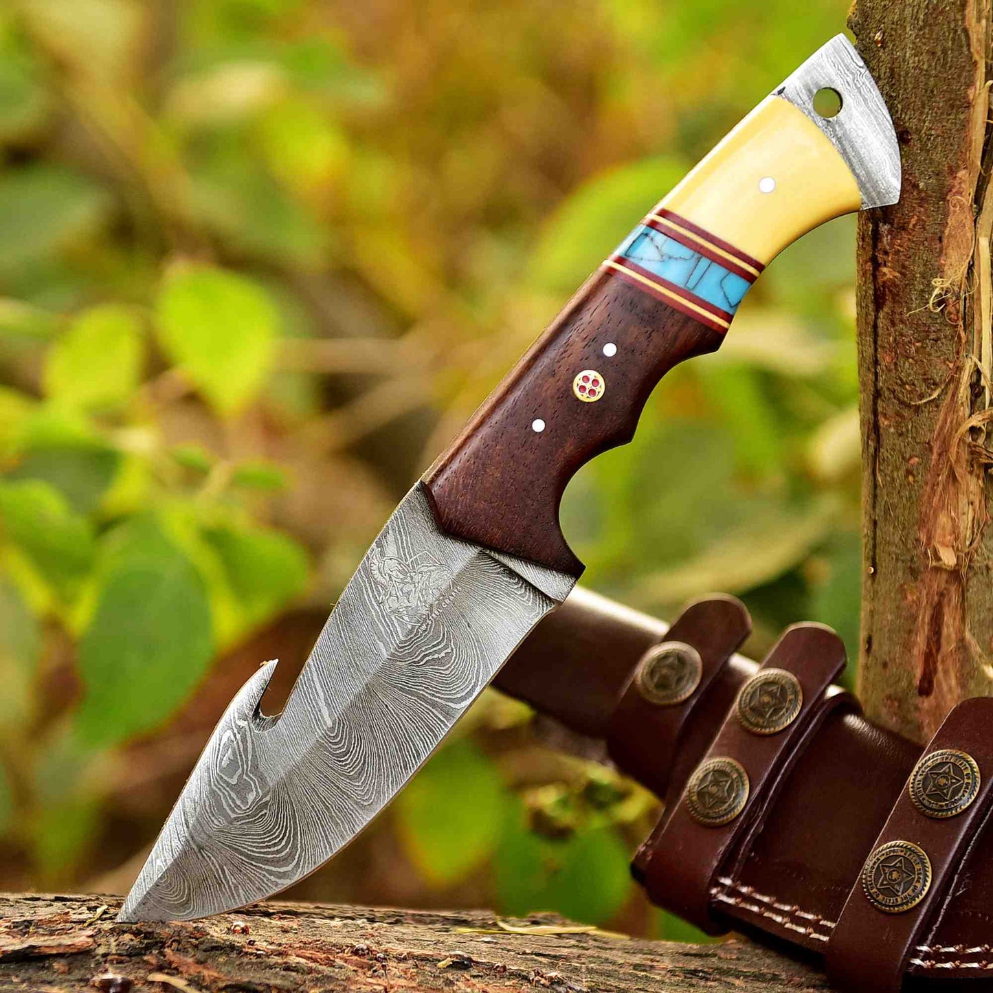 Handcrafted Damascus Steel Knife – Custom Rezin Rosewood Handle, Full Tang, 4.5" Blade, 9" Overall Length, Black Leather