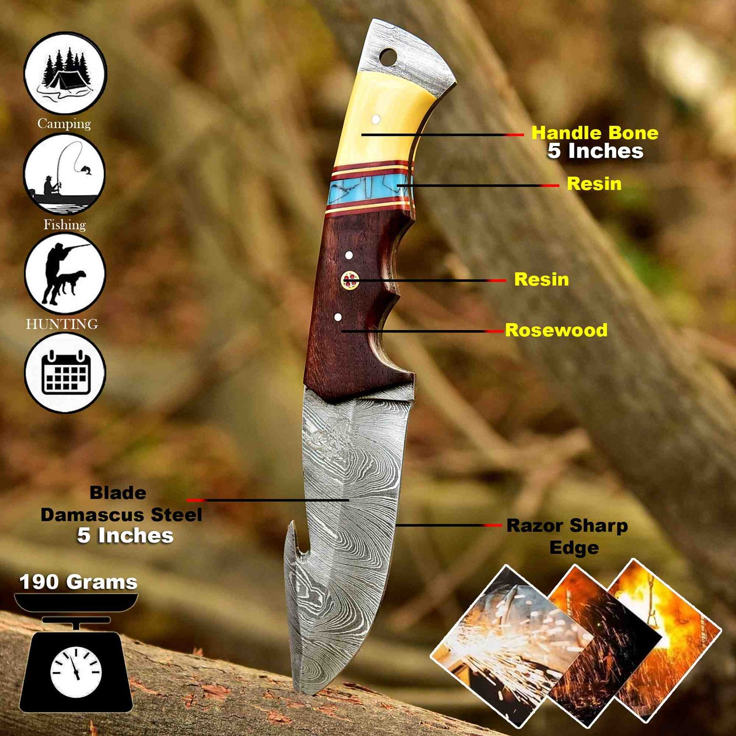 Handcrafted Damascus Steel Knife – Custom Rezin Rosewood Handle, Full Tang, 4.5" Blade, 9" Overall Length, Black Leather