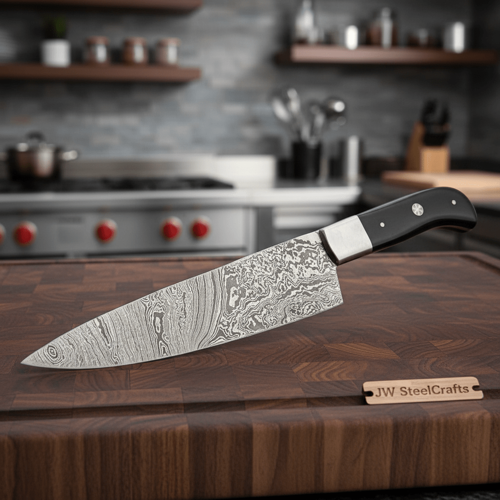 Handcrafted Damascus Steel Chef Knife, Black Resin Handle, Japanese Kitchen Blade by JW SteelCrafts handmade