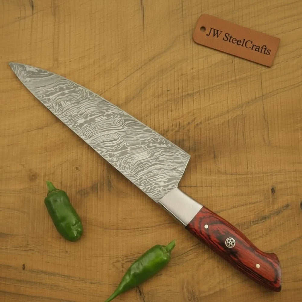 Handmade Damascus Gyuto Knife with Red Pakka Wood Handle, Japanese Chef Knife, Forged Damascus Steel Kitchen Knife, Professional Cooking Blade, JW SteelCrafts handmade Chef Knife by JW SteelCrafts