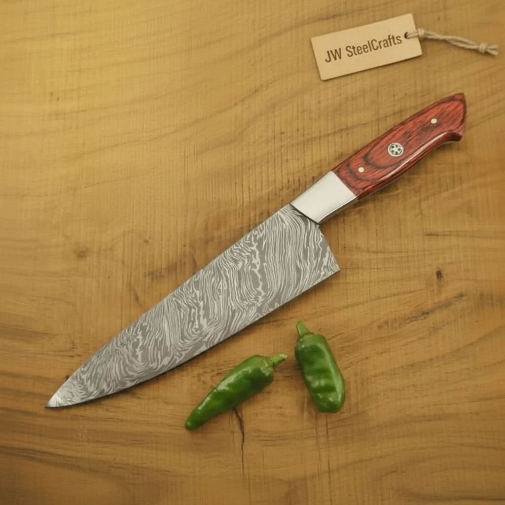 Handmade Damascus Gyuto Knife with Red Pakka Wood Handle, Japanese Chef Knife, Forged Damascus Steel Kitchen Knife, Professional Cooking Blade, JW SteelCrafts handmade Chef Knife by JW SteelCrafts