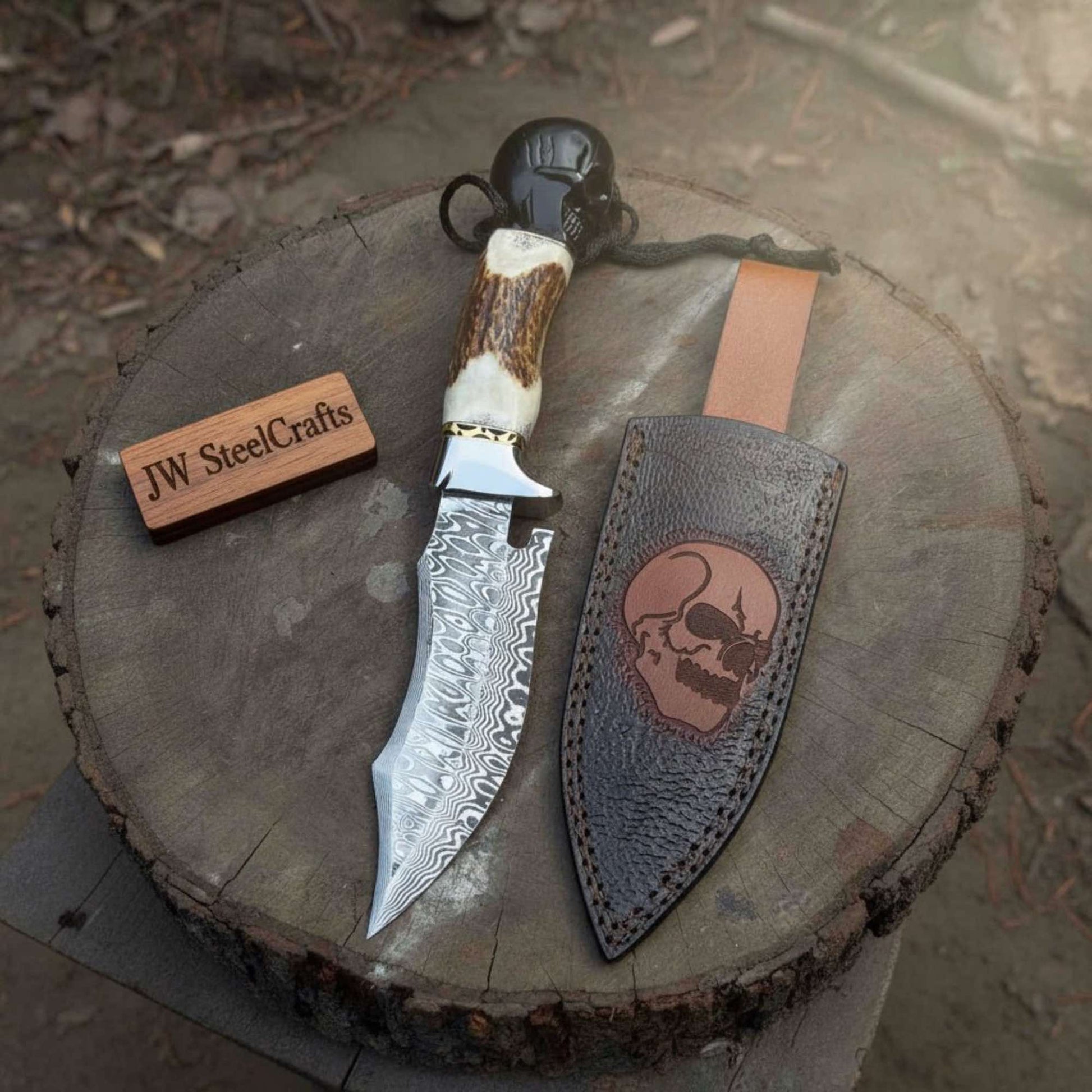 Handmade Damascus Hunting Knife with Stag Antler Handle & Custom Leather Sheath handmade Bowie Knives by JW SteelCrafts