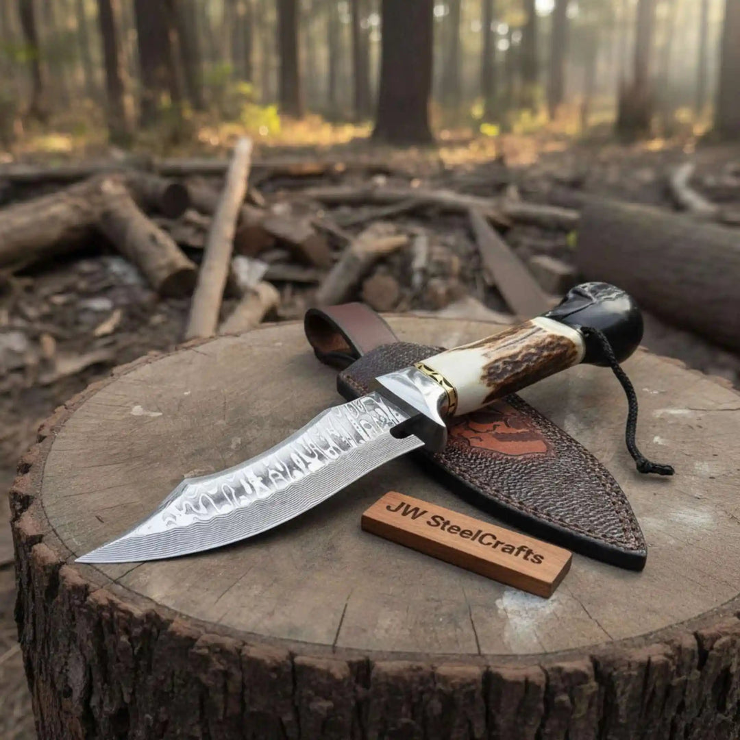 Handmade Damascus Hunting Knife with Stag Antler Handle & Custom Leather Sheath handmade Damascus Bowie Knives by JW SteelCrafts
