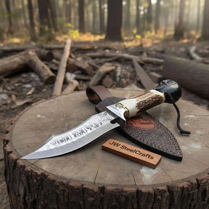 Handmade Damascus Hunting Knife with Stag Antler Handle &amp; Custom Leather Sheath handmade Damascus Bowie Knives by JW SteelCrafts