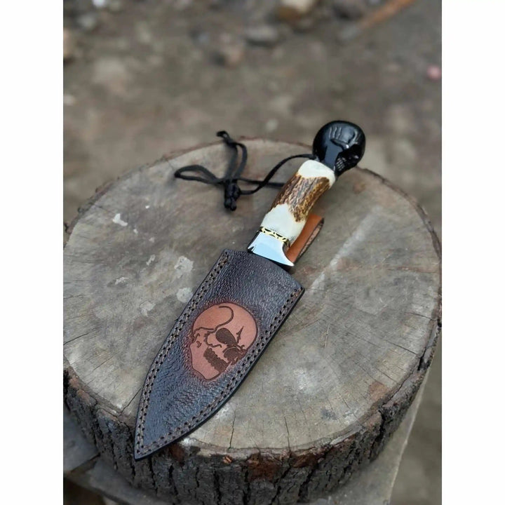 Handmade Damascus Hunting Knife with Stag Antler Handle &amp; Custom Leather Sheath handmade Damascus Bowie Knives by JW SteelCrafts