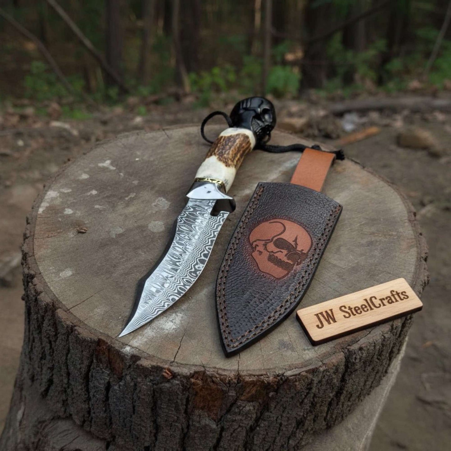 Handmade Damascus Hunting Knife with Stag Antler Handle & Custom Leather Sheath handmade Bowie Knives by JW SteelCrafts
