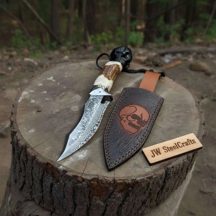 Handmade Damascus Hunting Knife with Stag Antler Handle &amp; Custom Leather Sheath handmade Damascus Bowie Knives by JW SteelCrafts